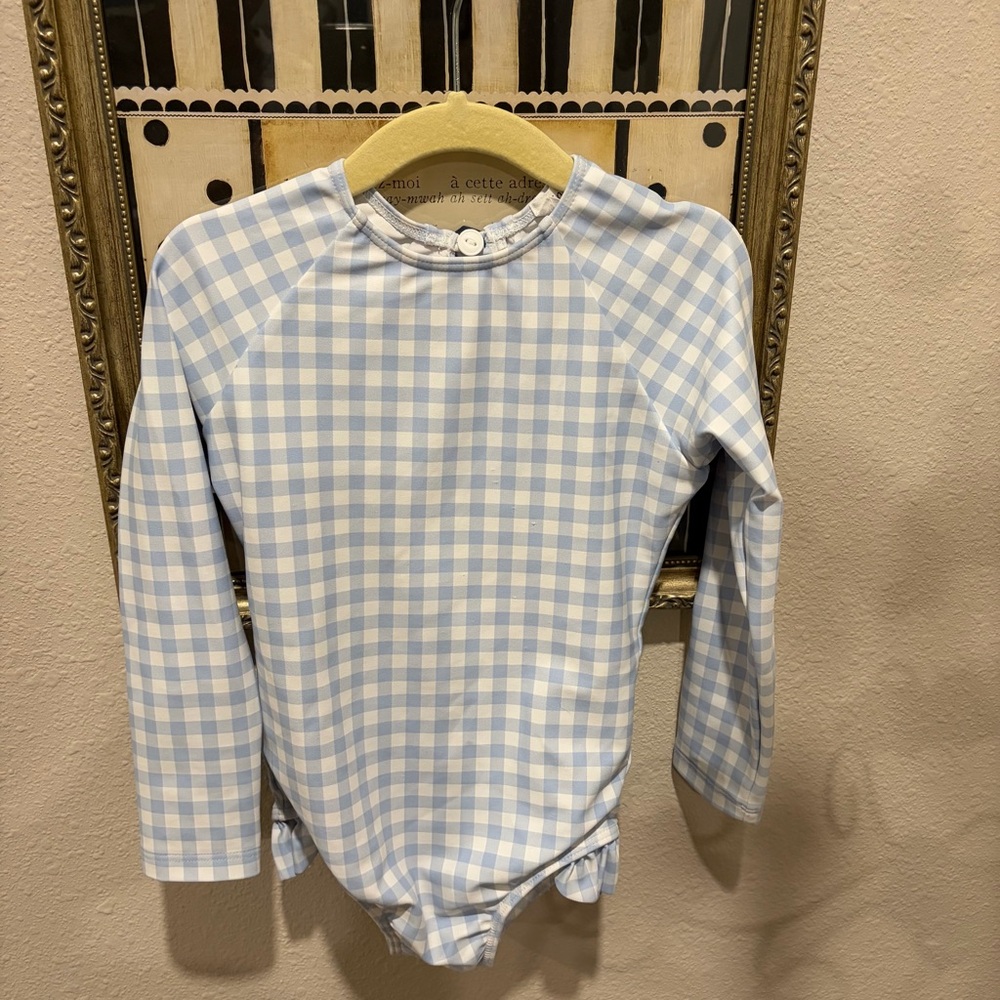 Minnow blue gingham rashguard one piece swimsuit
